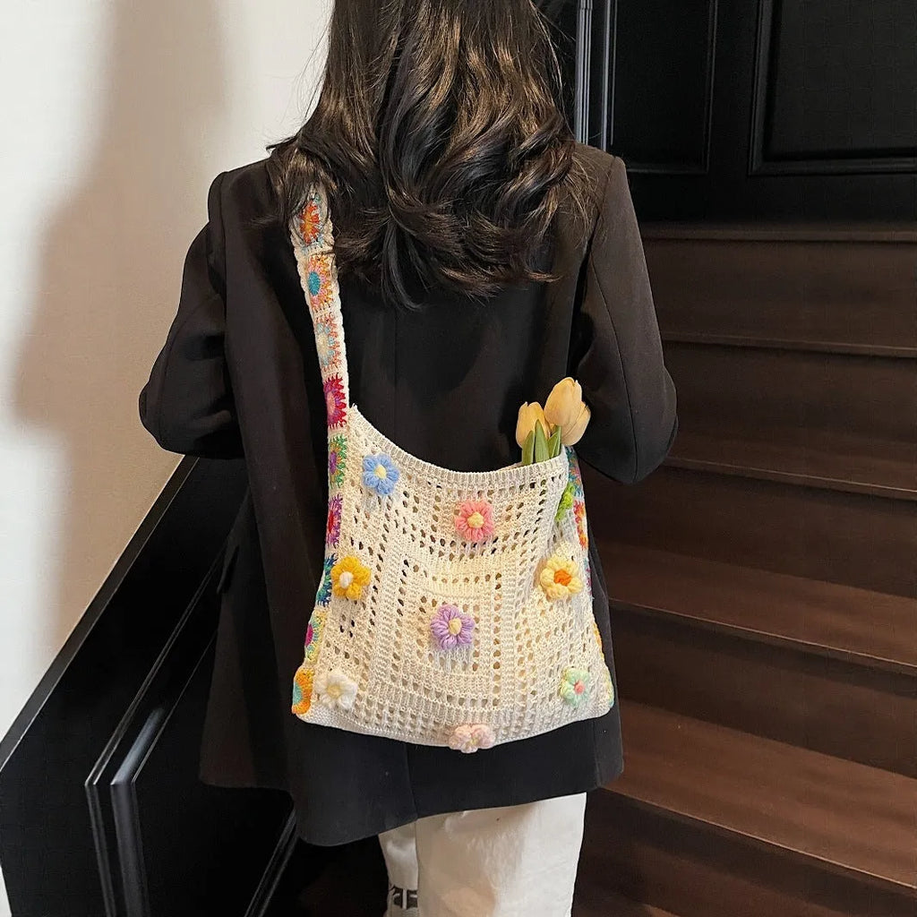 Milky white woven polyester shoulder bag with hollow weave pattern, shown with a 41cm strap.