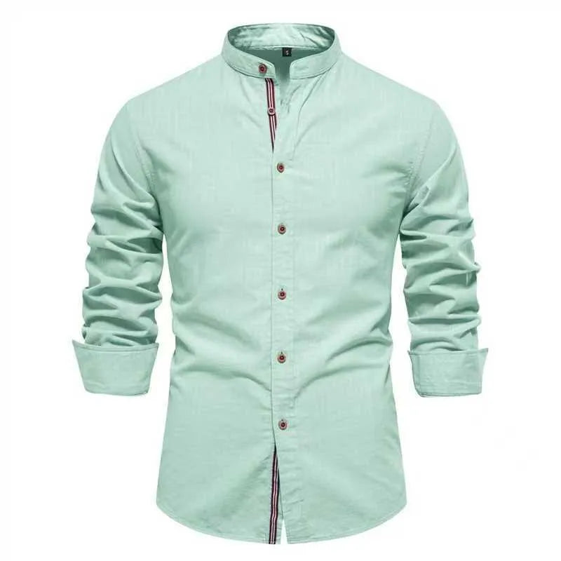 Men's solid colour long sleeve non-iron hemp blend shirt in army green, front view