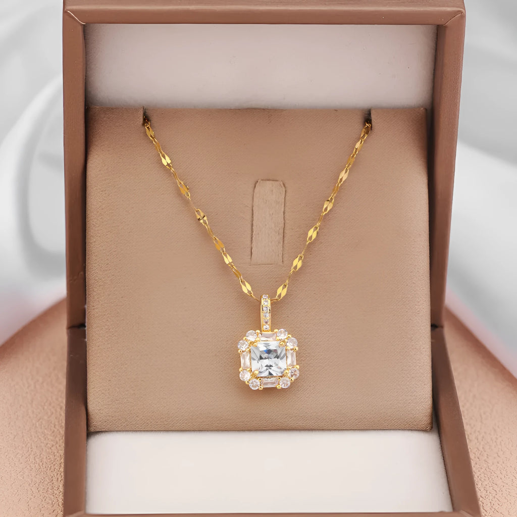 Women's titanium steel clavicle chain necklace with geometric pendant and mixed gemstone inlays