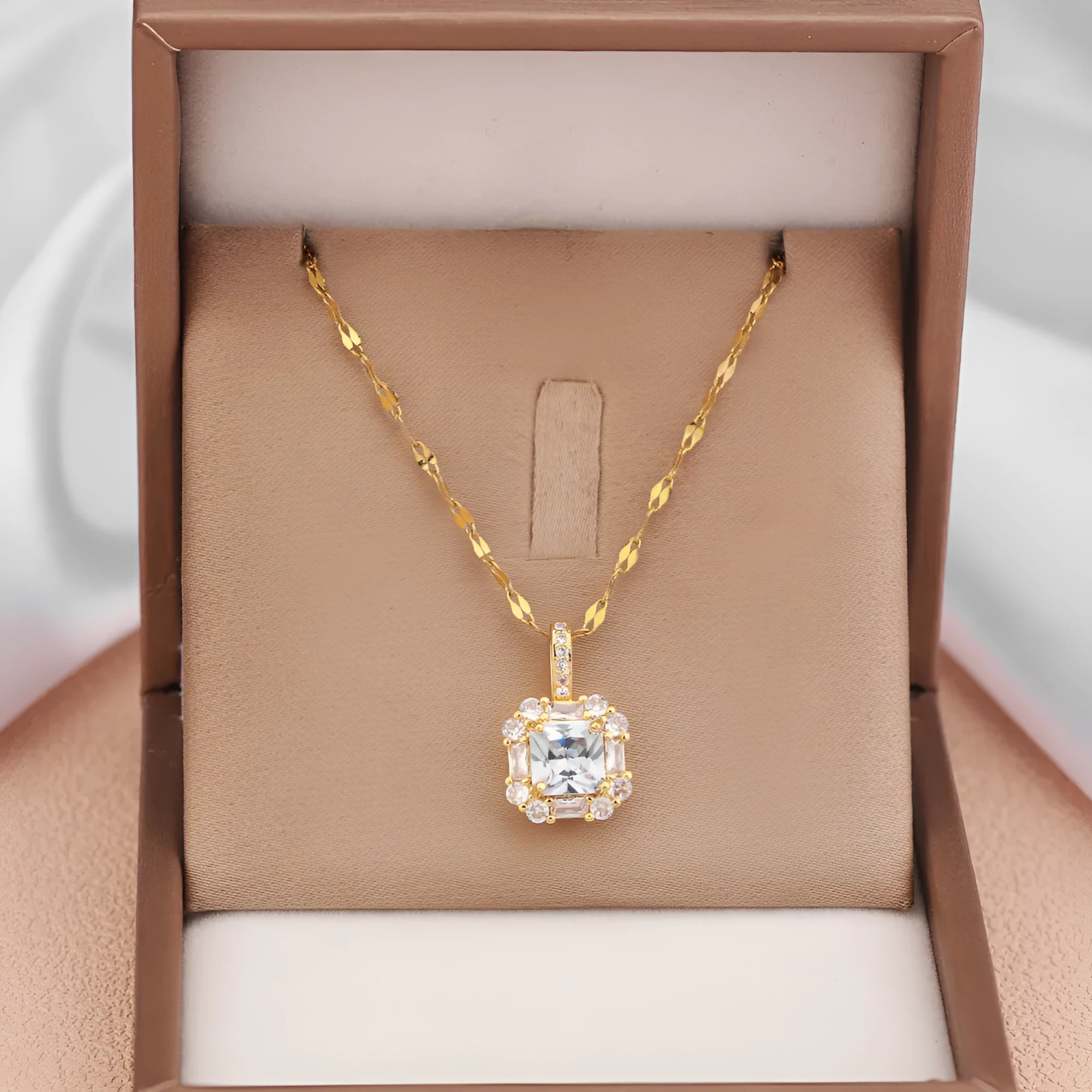 Women's titanium steel clavicle chain necklace with geometric pendant and mixed gemstone inlays