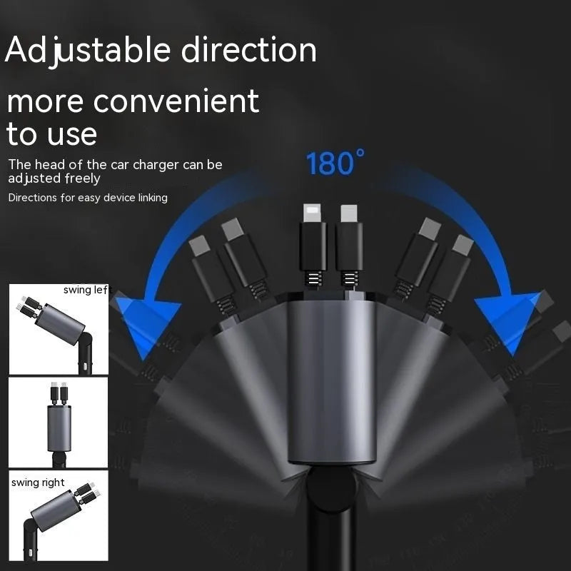 Retractable 4-port car charger for cigarette lighter sockets with QC3.0 fast charging