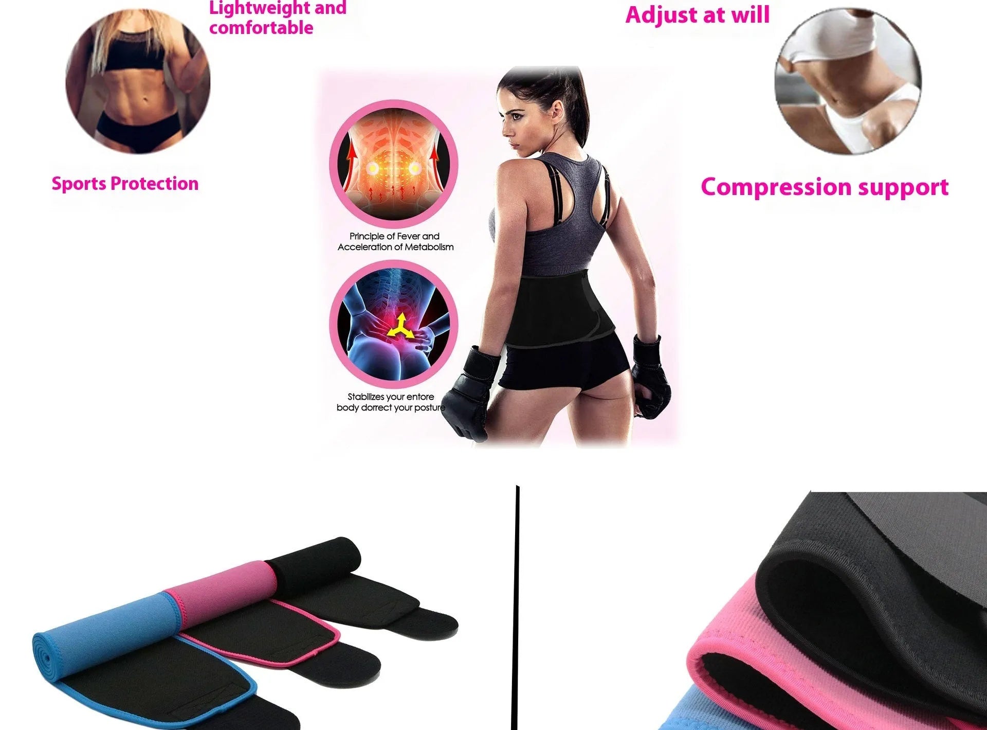 Neoprene lumbar support belt for fitness and running in black, blue or pink colours