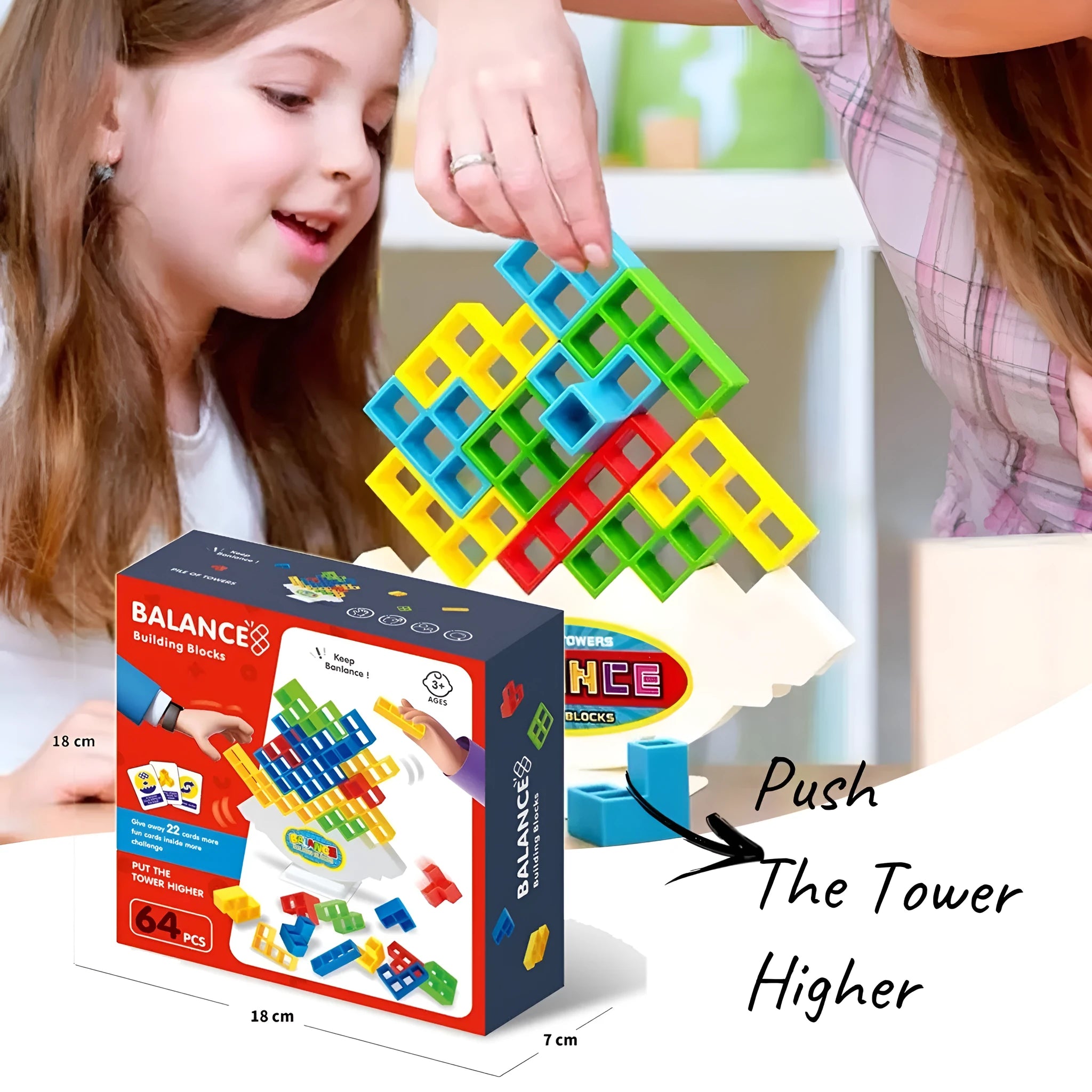 Plastic balance stacking tower game with coloured blocks on a base for kids and adults
