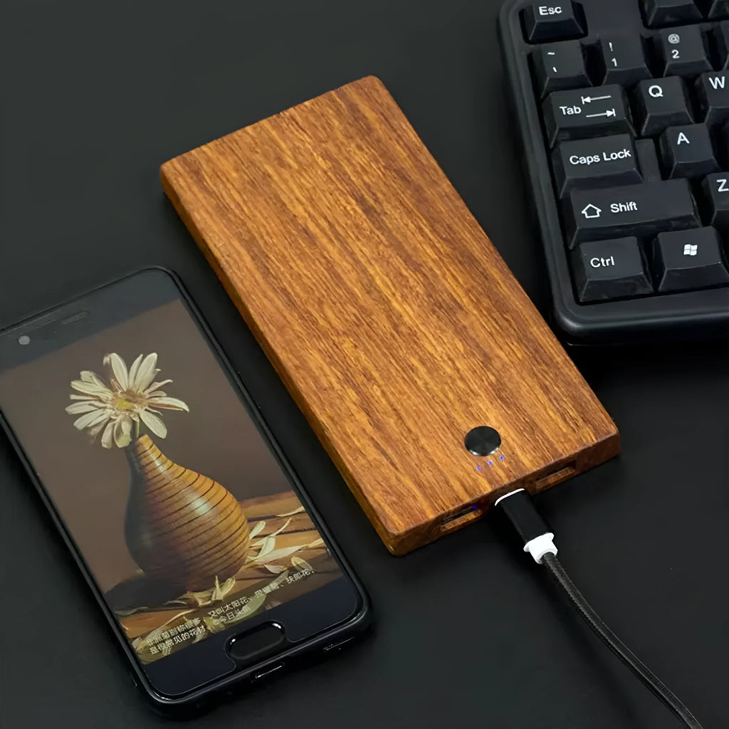 Wooden handicraft power bank with 8000mAh capacity, 156x77x12mm size, black and wood finish