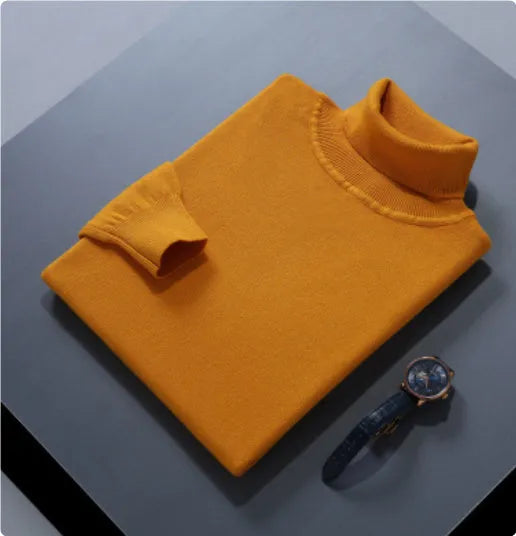High lapel solid colour casual pullover sweater in beige with long sleeves and loose fit.