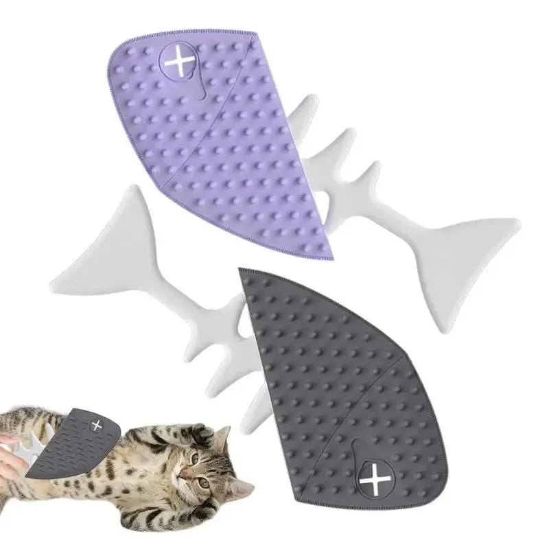Fishbone-shaped cat brush for indoor pets, available in blue, gray, and purple colours