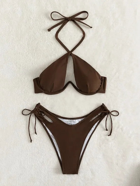 Women's solid colour halter neck bikini set on a mannequin, shown in brown.