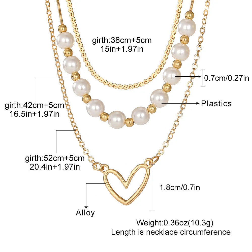 Vintage gold heart necklace with pearl chain and adjustable 41-50cm length