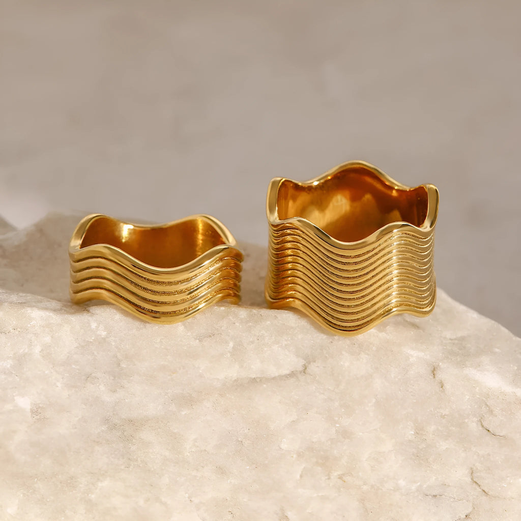 Stainless steel wide geometric wave ring with electroplated finish in Korean style colours