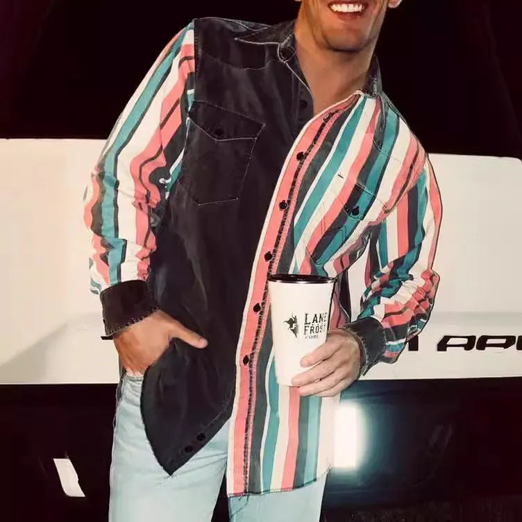 Men's retro striped loose fit cardigan shirt with long sleeves in a punk print design