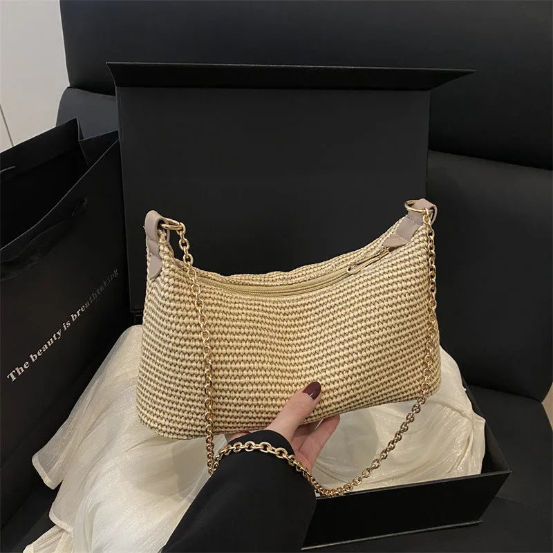 Straw woven square shoulder tote bag with polyester lining and phone compartment in khaki colour