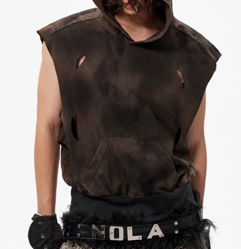 Khaki cotton short-sleeved hood vest for teenagers shown in casual wear