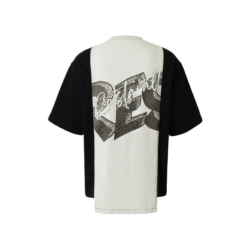 Black and white deconstruction collage printed cotton blend t-shirt with loose fit and short sleeves