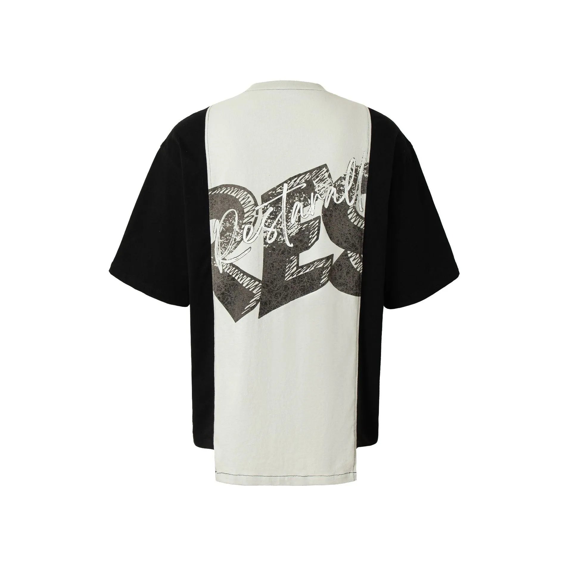 Black and white deconstruction collage printed cotton blend t-shirt with loose fit and short sleeves
