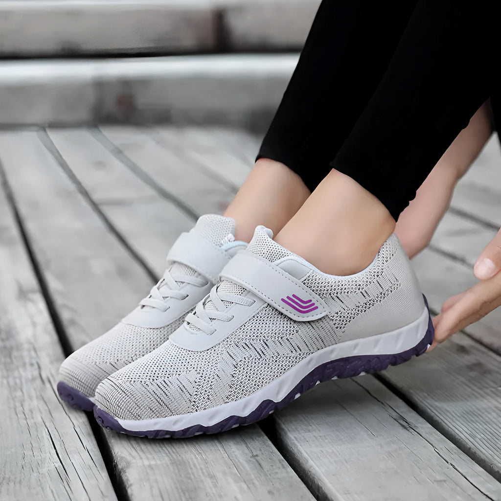 Women's wedge heel shoes with mesh uppers and velcro fastening in four colour options