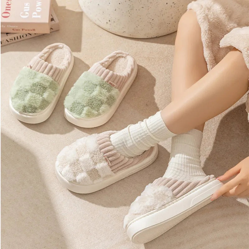Women's plush indoor slippers with non-slip sole in coffee, green, grey, pink, or white colours