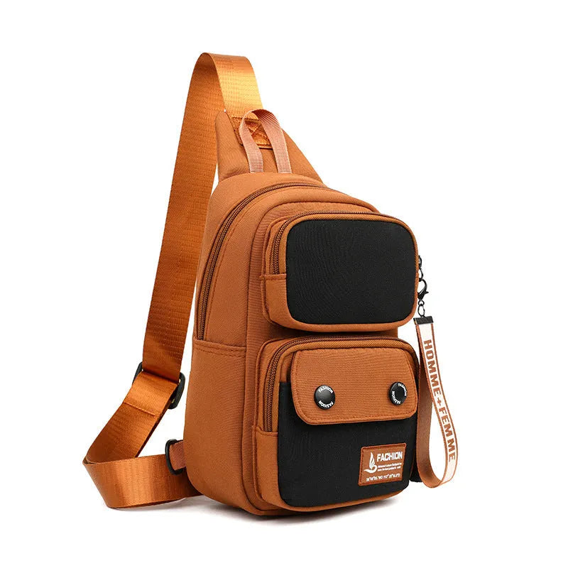 Nylon crossbody shoulder bag for outdoor leisure in beige contrast colour with letter pattern.