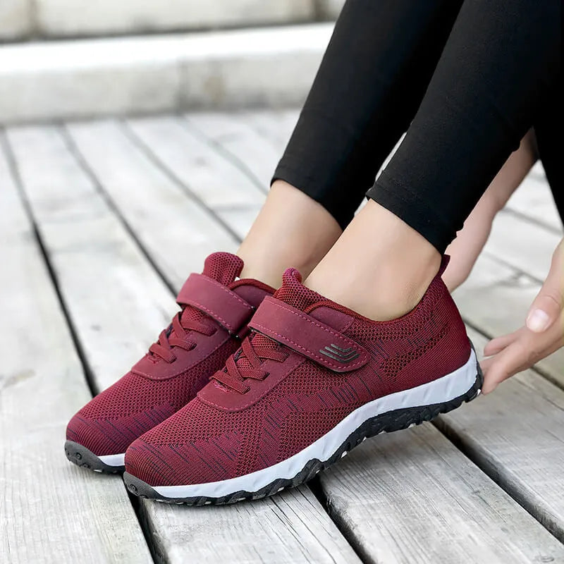 Women's wedge heel shoes with mesh uppers and velcro fastening in four colour options