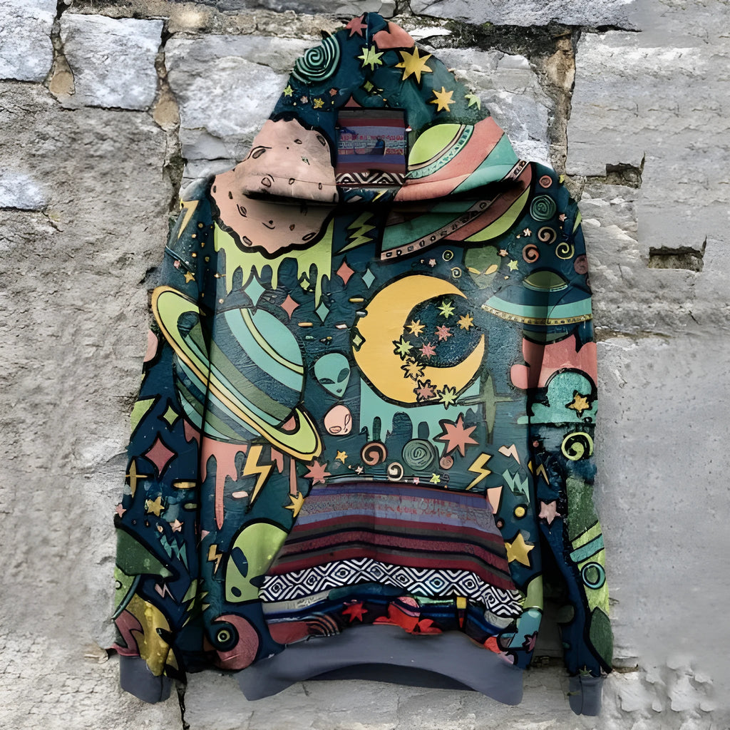 Men's polyester fleecy hoodie, long sleeve pullover with round neck, six print styles, sizes S to 6XL