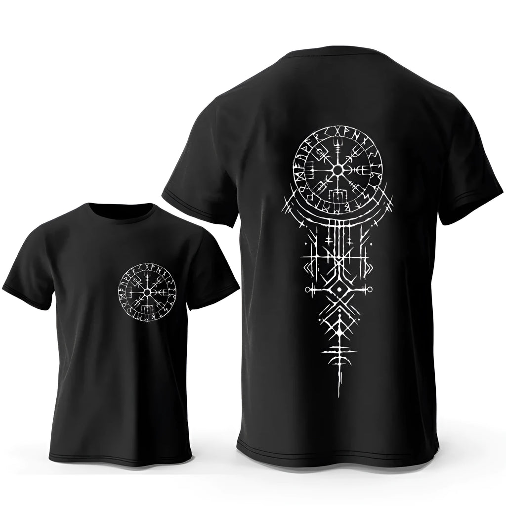 Viking rune compass and smiling face graphic on a men's pure cotton t-shirt.