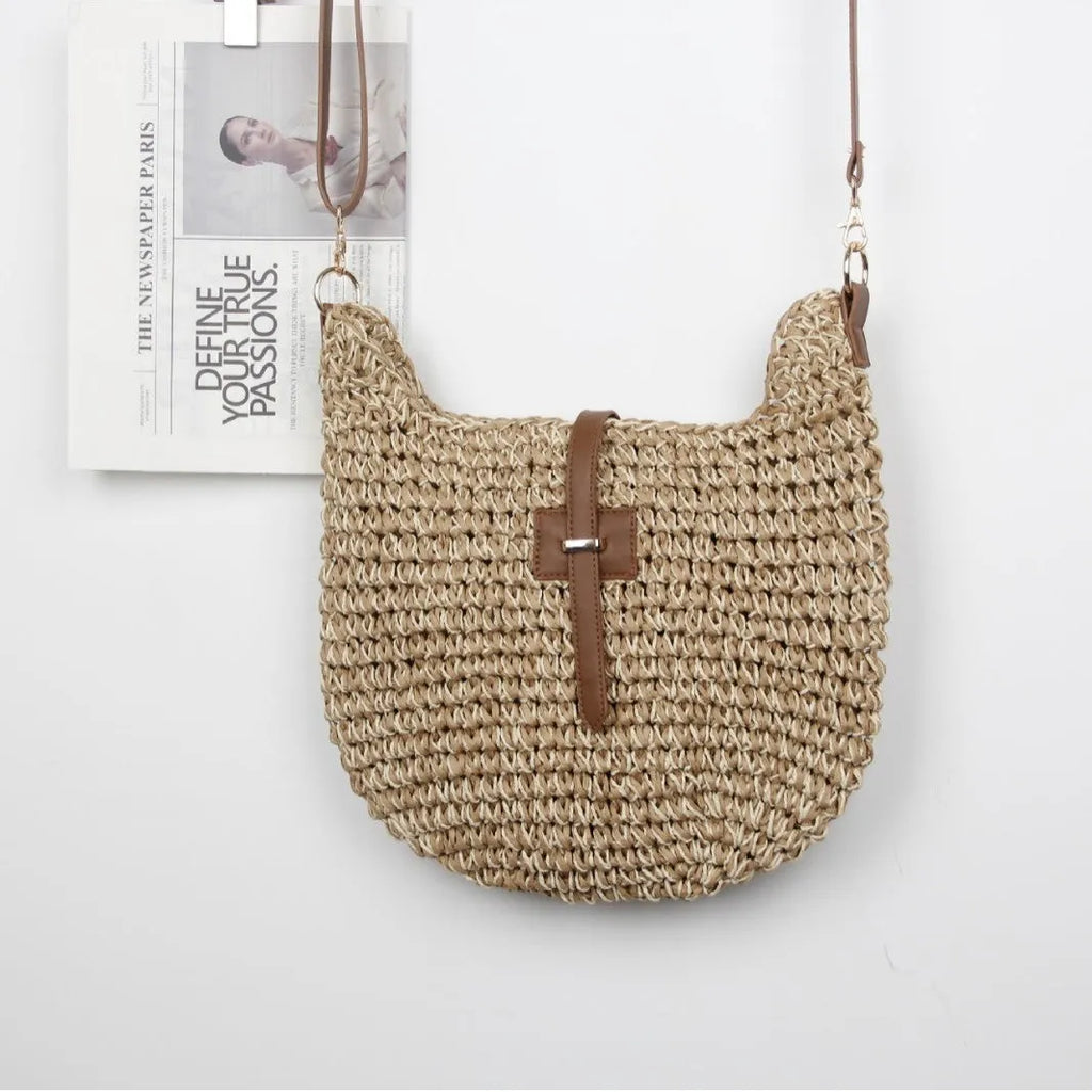Beige handmade woven shoulder bag with sandwich pocket construction and sewing thread detailing