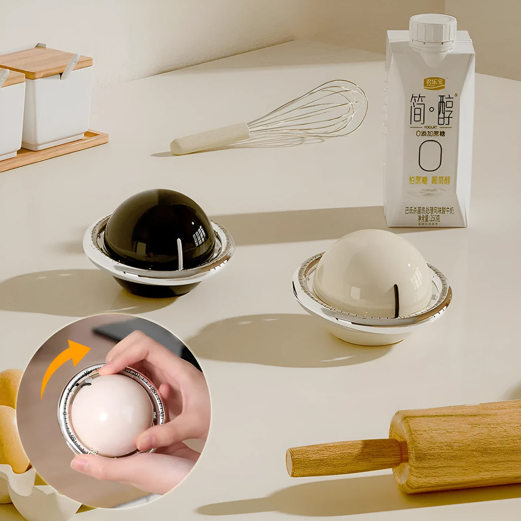 Beige mechanical kitchen timer with manual twist dial and magnetic back on metal surface