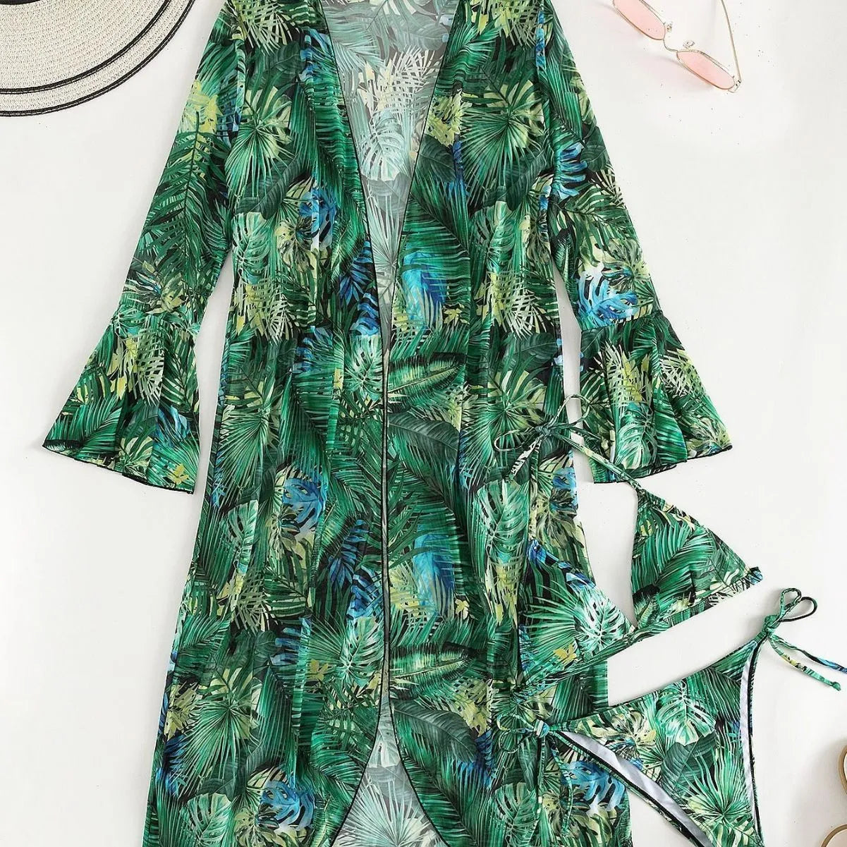 European American split bikini cover beach swimsuit three-piece set in green flower print with coat top and shorts