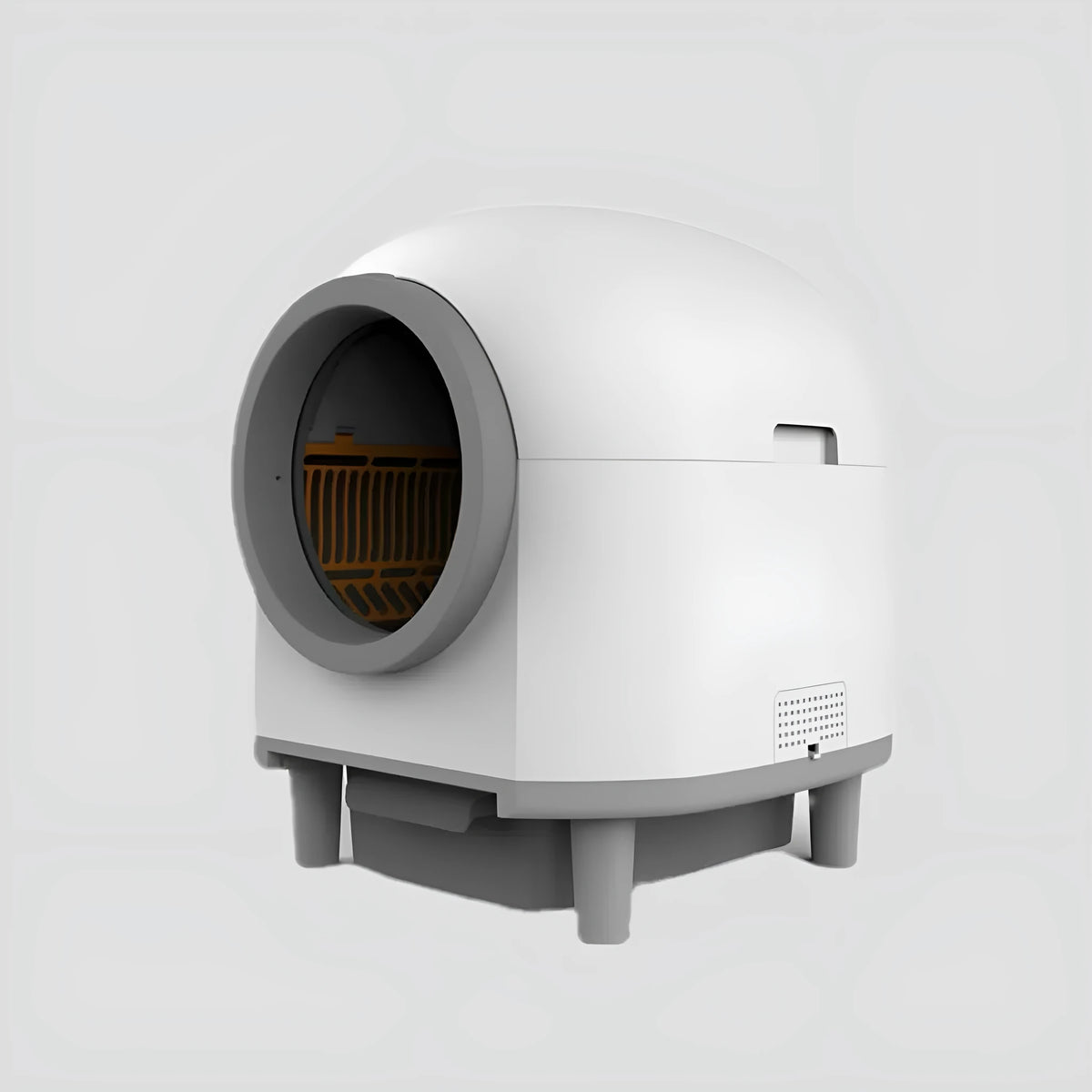 White automatic self-cleaning enclosed cat litter box with ABS plastic construction.