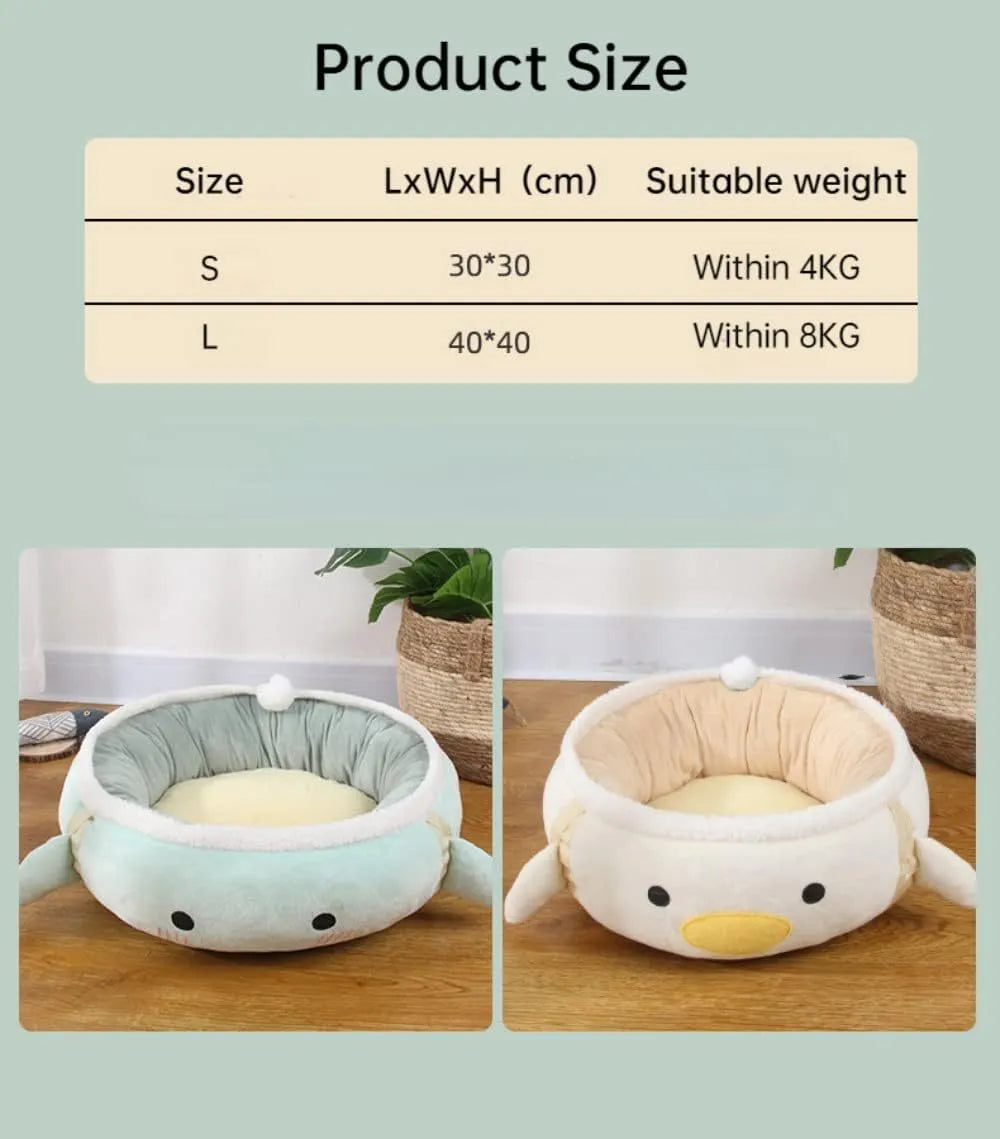 Green dinosaur chick design cat bed shown both flat and hanging, for small cats and dogs.
