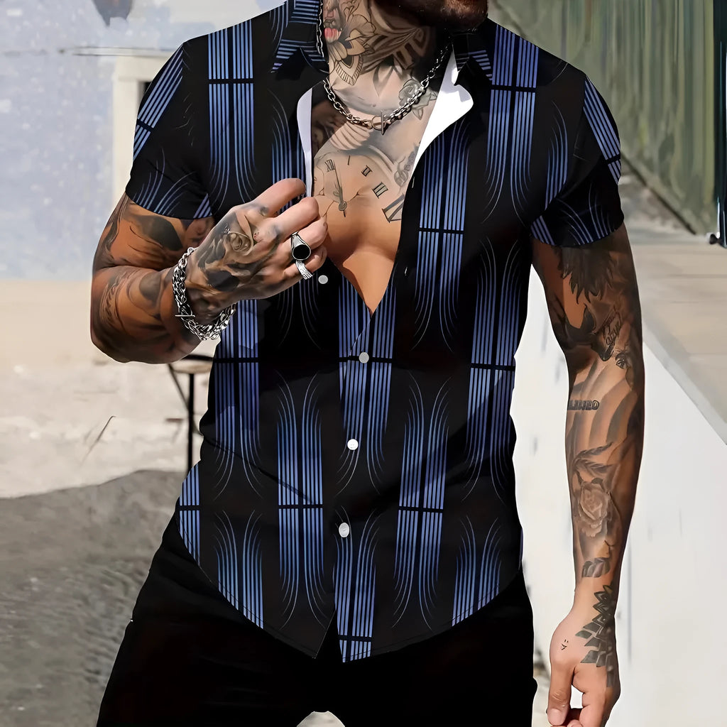 Men's geometric pattern short sleeve shirt with lapel collar in slim fit design