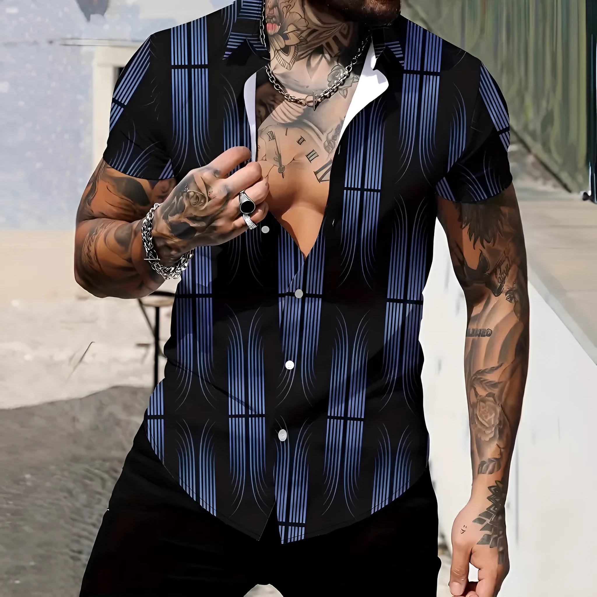 Men's geometric pattern short sleeve shirt with lapel collar in slim fit design