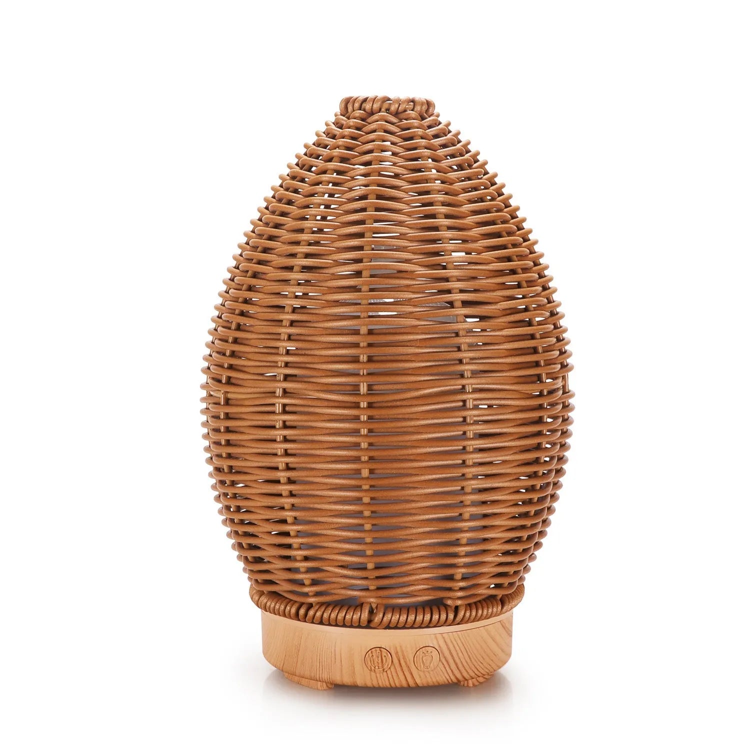 Light wood grain rattan-style ultrasonic aroma diffuser with 100ml capacity tank.