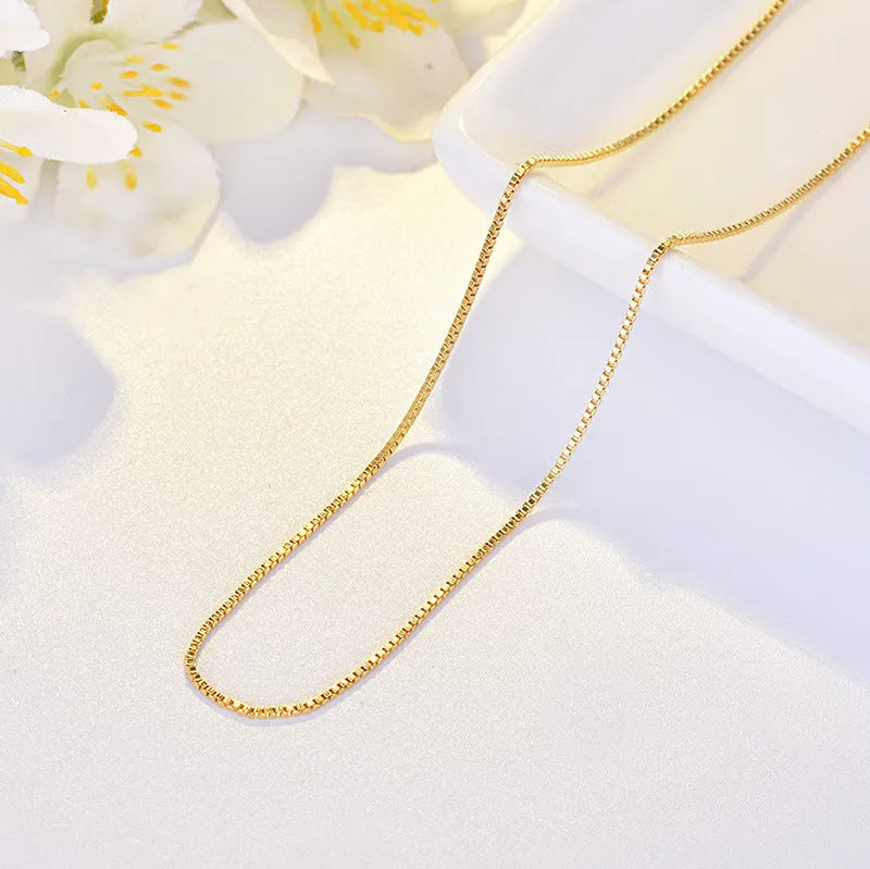 Box chain necklace in copper plated gold, unisex geometric design, 0.8mm to 2mm width, 40cm to 55cm length