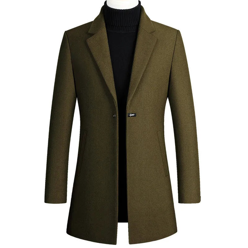 Korean style long woolen trench coat, single button, straight hem, no belt, available in five colours.
