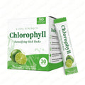 Box of 30 extra strength chlorophyll stick packs with key lime vanilla flavour, showing green powder and individual sachets