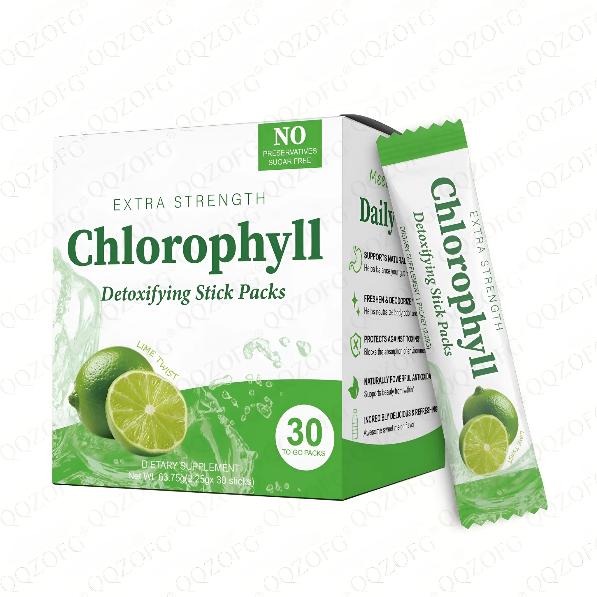 Box of 30 extra strength chlorophyll stick packs with key lime vanilla flavour, showing green powder and individual sachets