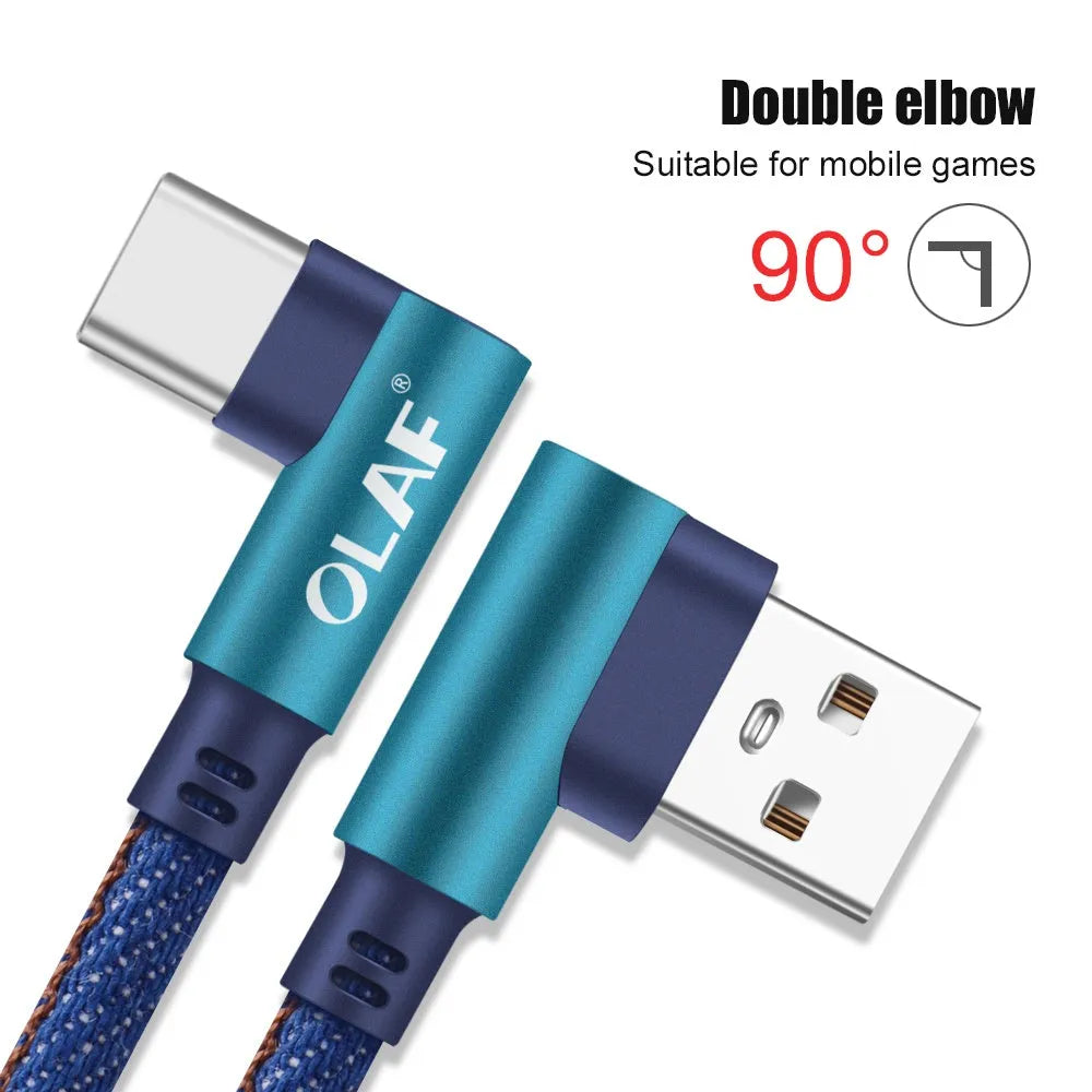 Black USB fast charging cable with denim fabric sheath and aluminium connectors shown at different lengths.