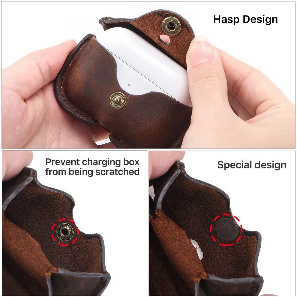 Brown leather AirPods Pro case with crazy horse pattern in clamshell vintage design