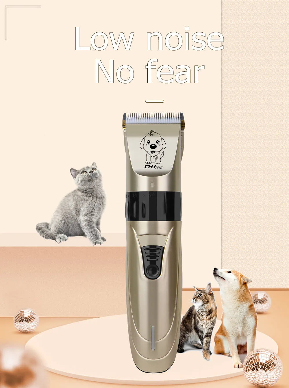 Professional pet clipper with titanium ceramic blade and 4 positioning combs in photo colour