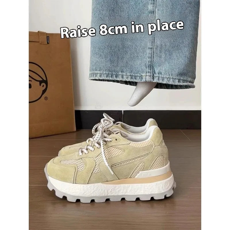 Women's height increasing platform sneakers in blue with synthetic leather upper, round toe, front lace-up, rubber sole