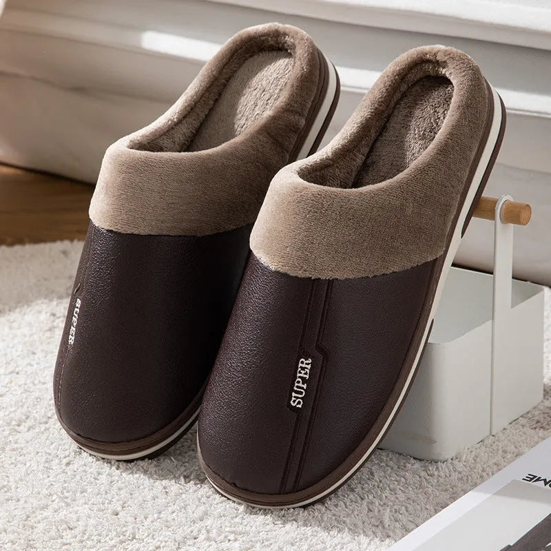 Men's winter slippers with artificial PU upper, rubber sole, 3cm heel, brown or dark blue, sizes 40-50
