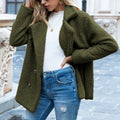 Women's loose lapel fluffy polyester winter coat button jacket in camel colour showing front view
