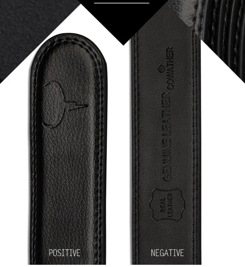 Automatic buckle two-layer cowhide belt for men, rectangular alloy buckle, black colour, standard width