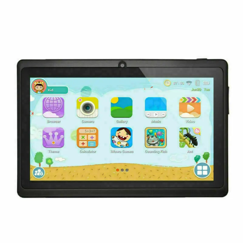 Children's 7 inch Android tablet in blue with UK plug, quad core processor, and dual camera