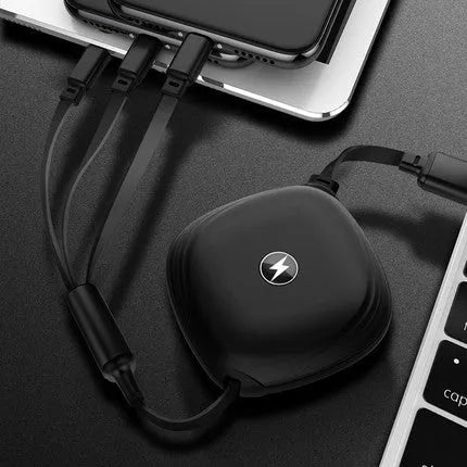 3-in-1 telescopic charging cable extended to show connectors with 120cm TPE cable and titanium alloy plugs.