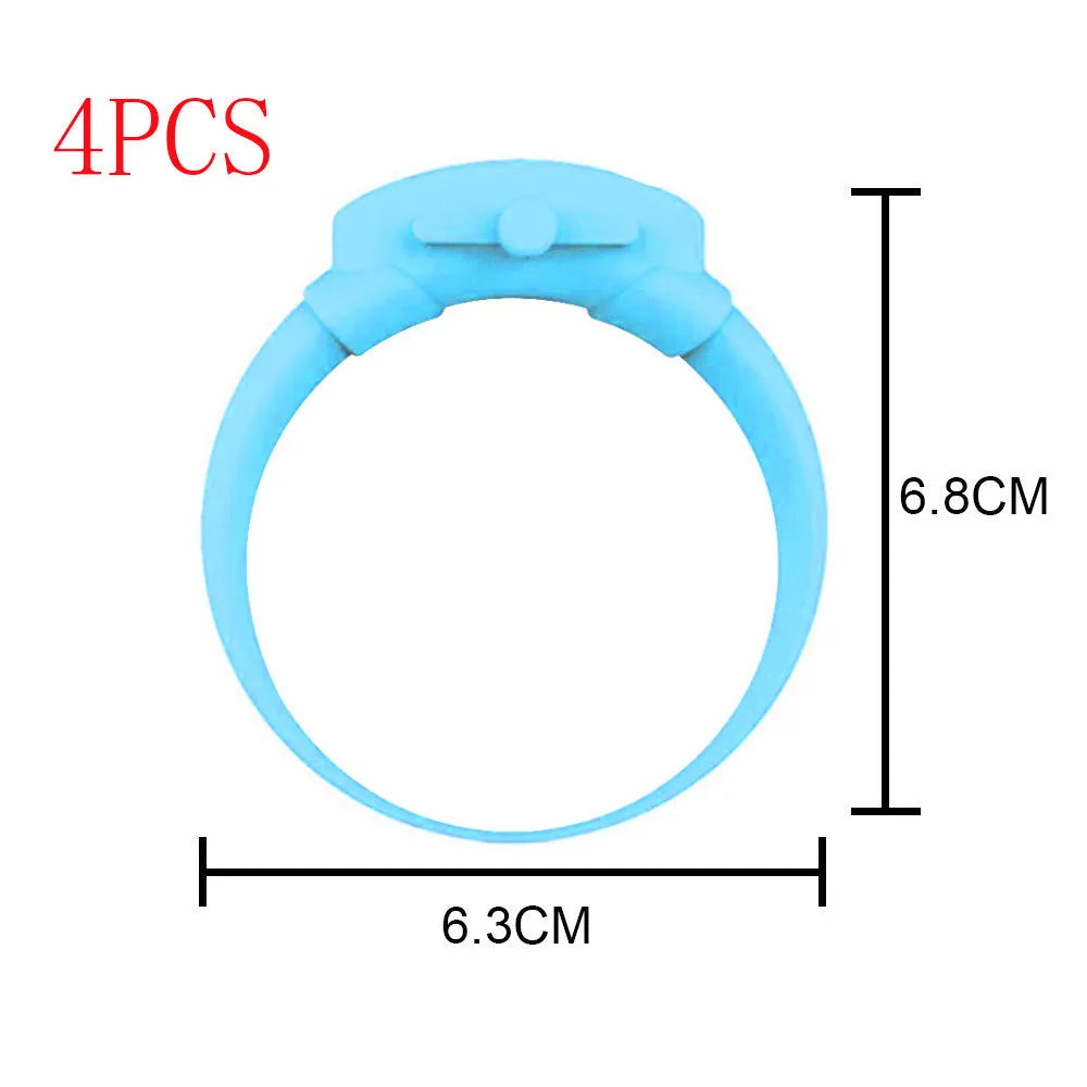 Portable hand sanitizer dispenser bracelet in silicone TPU with two refill caps, shown on a wrist