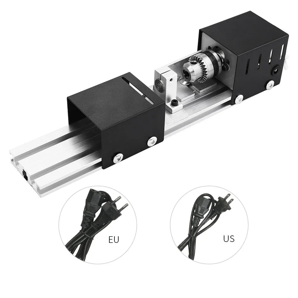 Mini manual woodworking lathe with silver metal finish and carving accessories