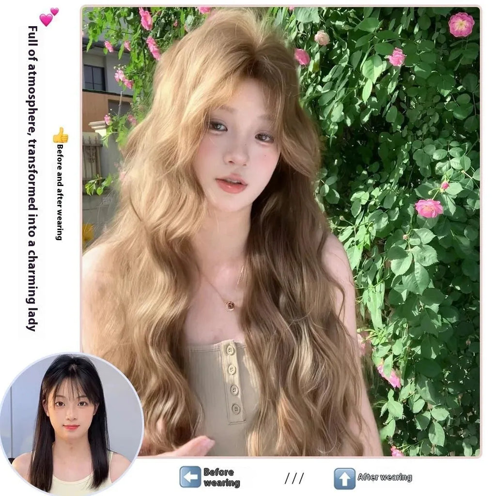 A brown curly synthetic wig with a linen hue and medium length on a wig stand.