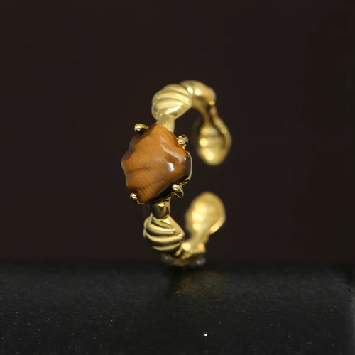 Adjustable silver ring with shell design and tiger eye gemstone in gold electroplated finish