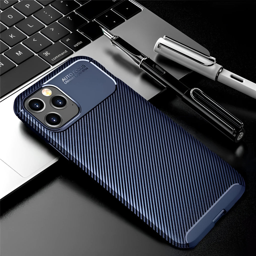 Silicone protective phone case for Apple iPhone shown in black, blue, and brown colours.
